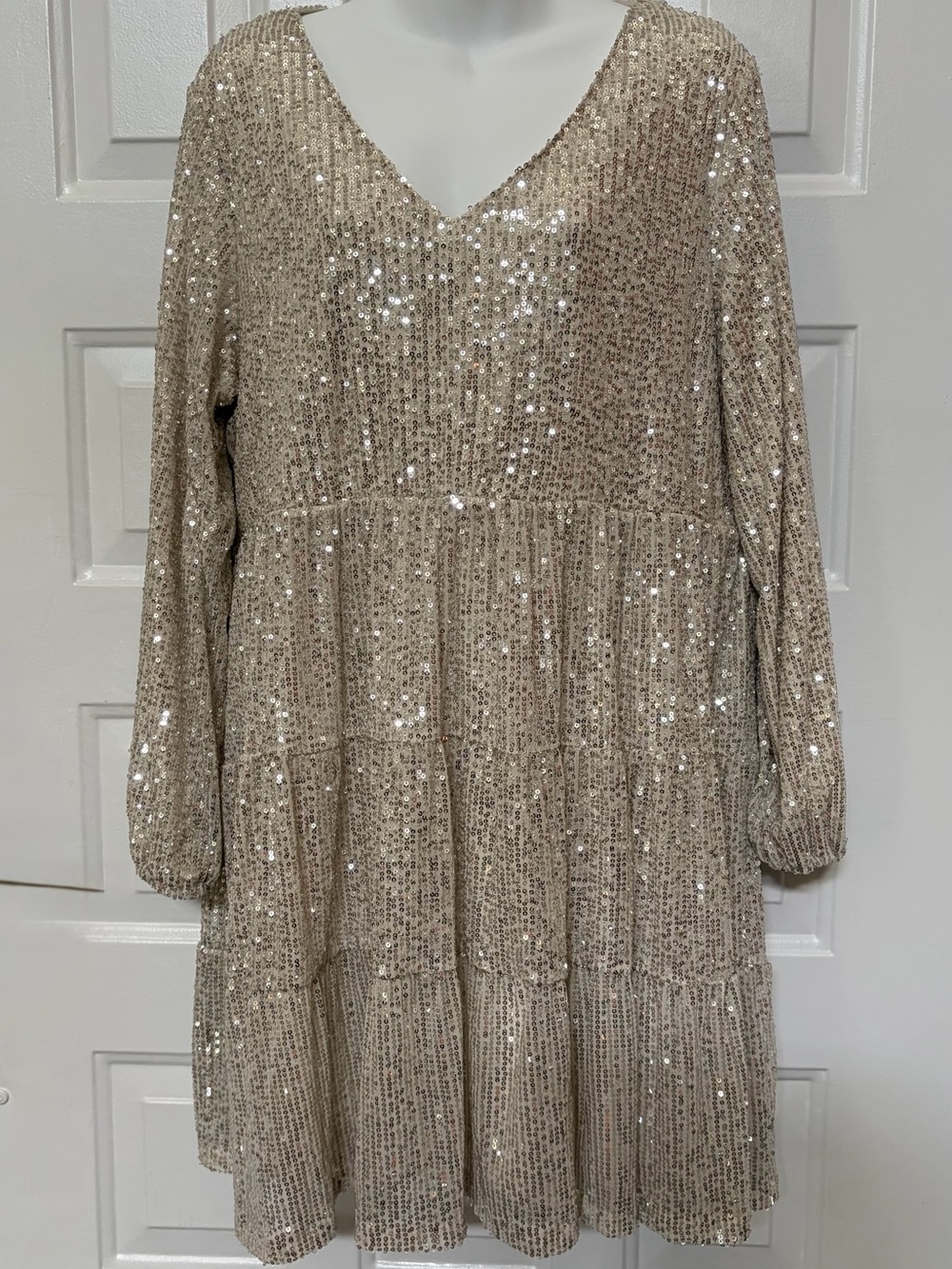 Sequin V-Neck Long Sleeve Tiered Dress - Champagne